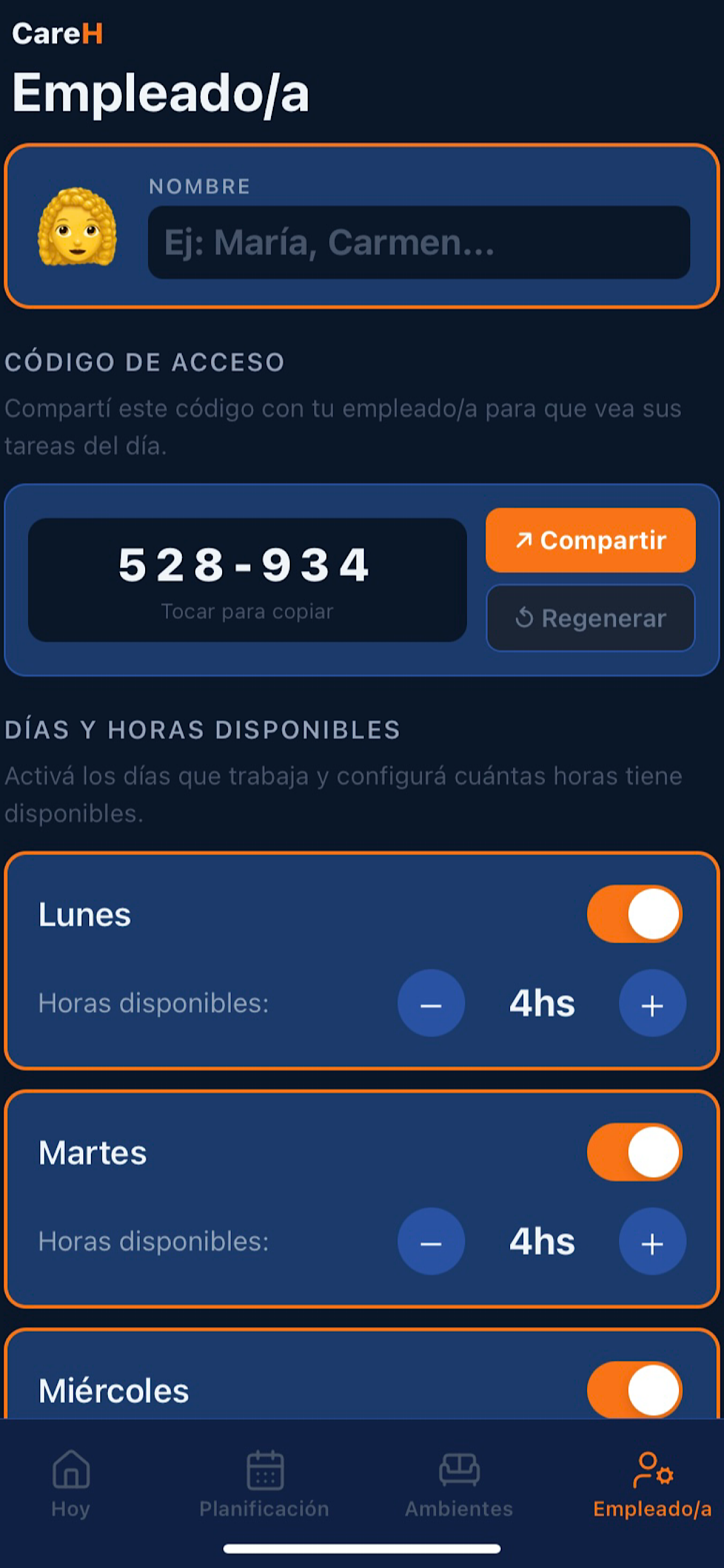 CareH - Vista empleado/a